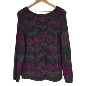 LOLA’S Sweater Wool Blend Cable Knit Open Weave Purple Green Grey Size Medium